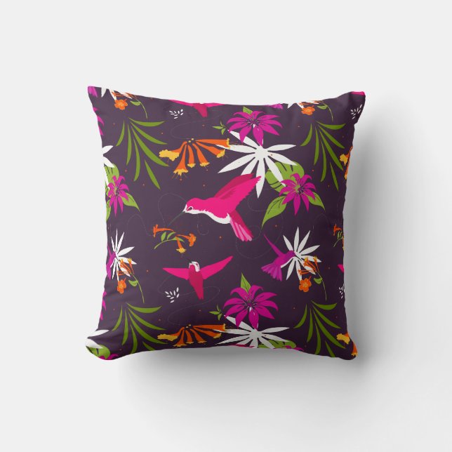 Hummingbirds and Flowers Colourful Botanical Cushion (Front)