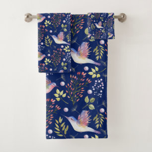 Hummingbirds and Flowers Pattern Custom Background Bath Towel Set