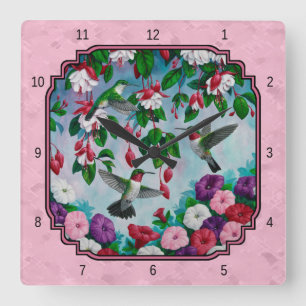 Hummingbirds and Flowers Pink Square Wall Clock