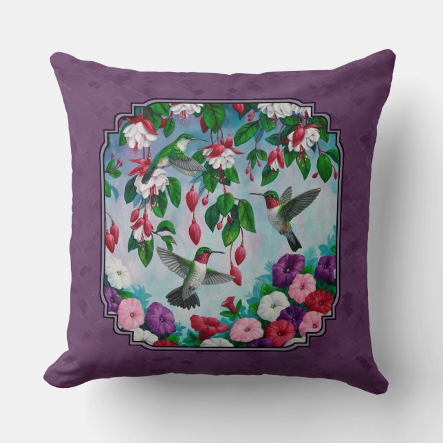 Hummingbirds and Flowers Purple Cushion (Front)