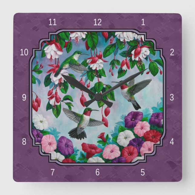 Hummingbirds and Flowers Purple Square Wall Clock (Front)