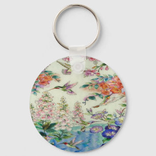 Hummingbirds and flowers stained glass WOW Key Ring