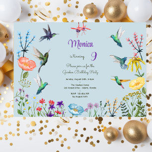 Hummingbirds and Flowery garden birthday party Invitation
