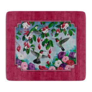 Hummingbirds and Fuchisa Flowers Red Cutting Board