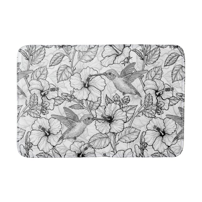Hummingbirds and hibiscus flowers b&w bath mat (Front)