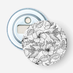 Hummingbirds and hibiscus flowers b&w bottle opener
