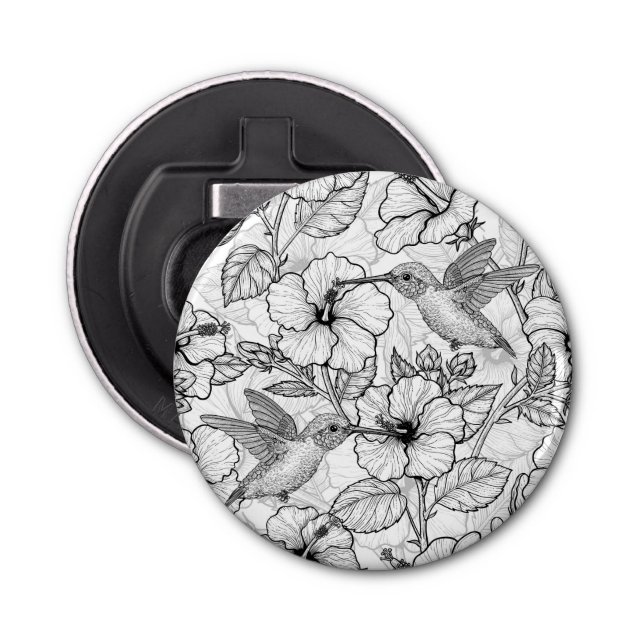 Hummingbirds and hibiscus flowers b&w bottle opener (Front)