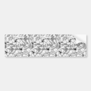Hummingbirds and hibiscus flowers b&w bumper sticker