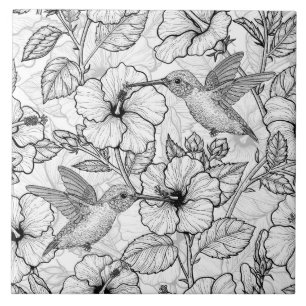 Hummingbirds and hibiscus flowers b&w ceramic tile