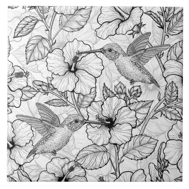 Hummingbirds and hibiscus flowers b&w ceramic tile (Front)