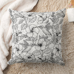 Hummingbirds and hibiscus flowers b&w cushion