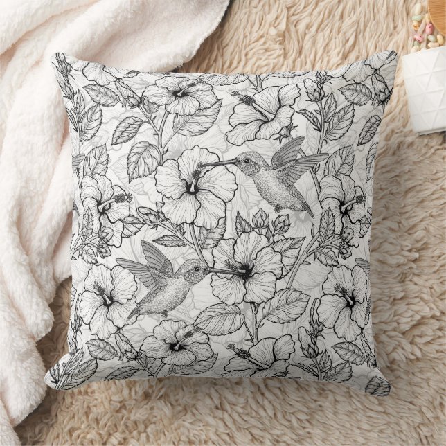 Hummingbirds and hibiscus flowers b&w cushion (Blanket)