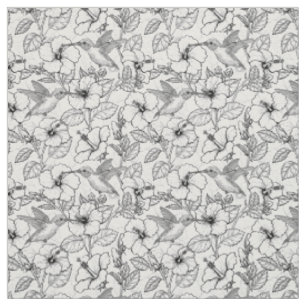 Hummingbirds and hibiscus flowers b&w fabric