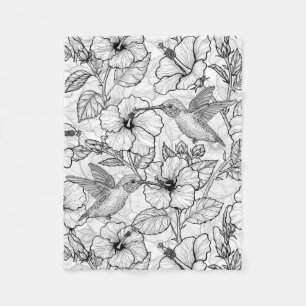 Hummingbirds and hibiscus flowers b&w fleece blanket