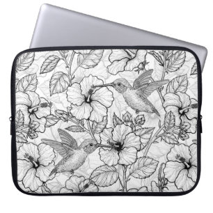 Hummingbirds and hibiscus flowers b&w laptop sleeve