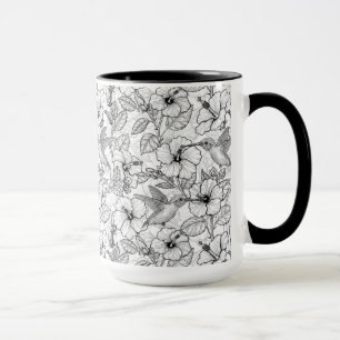 Hummingbirds and hibiscus flowers b&w mug