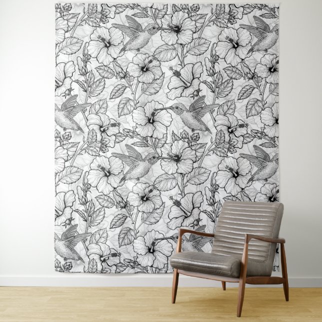 Hummingbirds and hibiscus flowers b&w tapestry (In Situ)