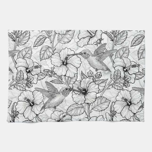 Hummingbirds and hibiscus flowers b&w tea towel (Horizontal)