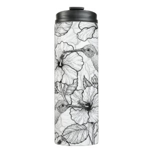Hummingbirds and hibiscus flowers b&w thermal tumbler