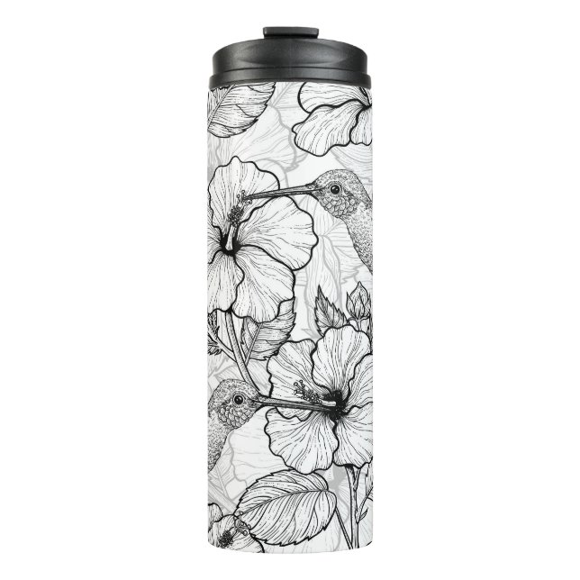 Hummingbirds and hibiscus flowers b&w thermal tumbler (Front)