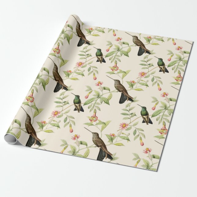 Hummingbirds and Leaves on Ivory Wrapping Paper (Unrolled)