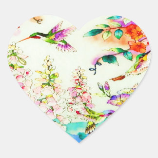 Hummingbirds and Pink Flowers Landscape Heart Sticker