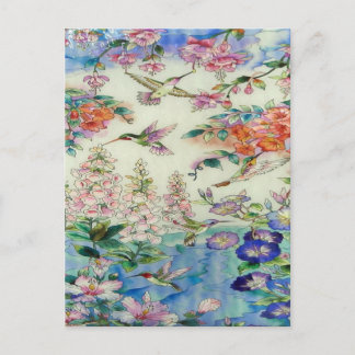 Hummingbirds and Pink flowers stained glass WOW Postcard