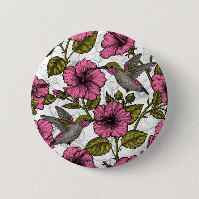 Hummingbirds and pink hibiscus flowers 6 cm round badge (Front)