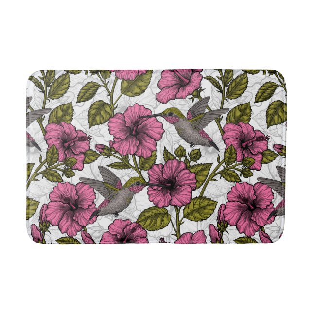Hummingbirds and pink hibiscus flowers bath mat (Front)