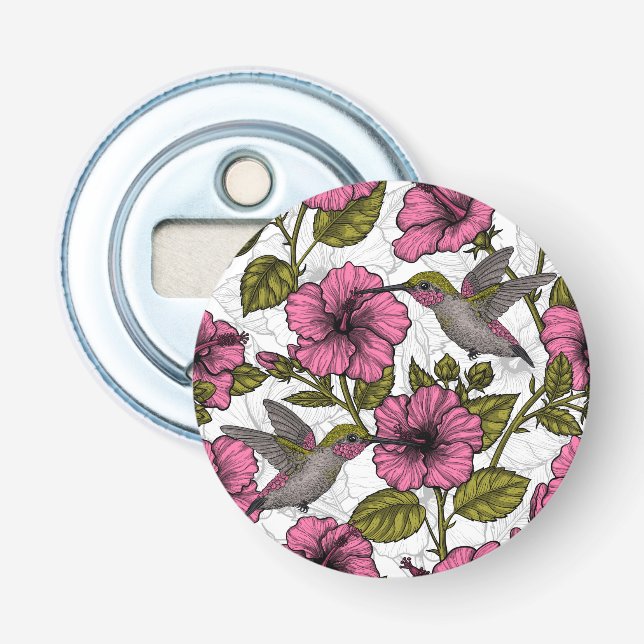 Hummingbirds and pink hibiscus flowers bottle opener (Front)