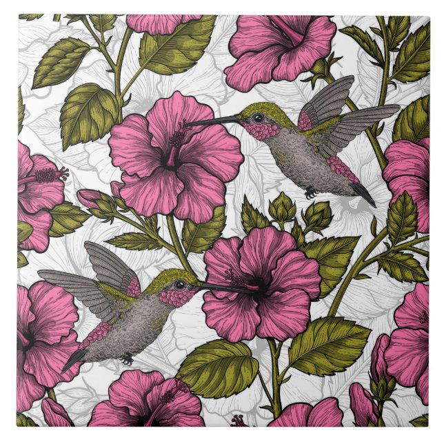Hummingbirds and pink hibiscus flowers ceramic tile (Front)
