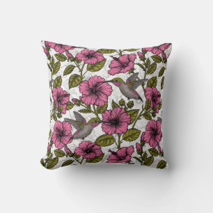 Hummingbirds and pink hibiscus flowers cushion