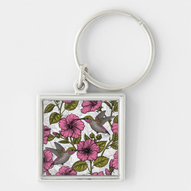 Hummingbirds and pink hibiscus flowers key ring (Front)