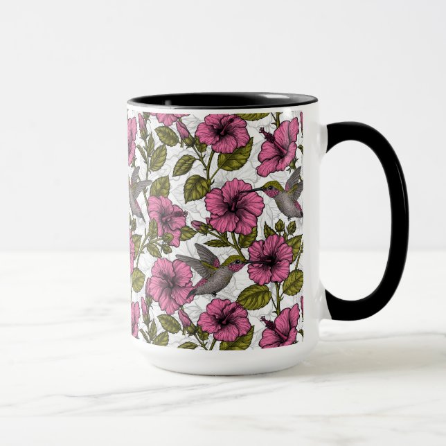 Hummingbirds and pink hibiscus flowers mug (Right)