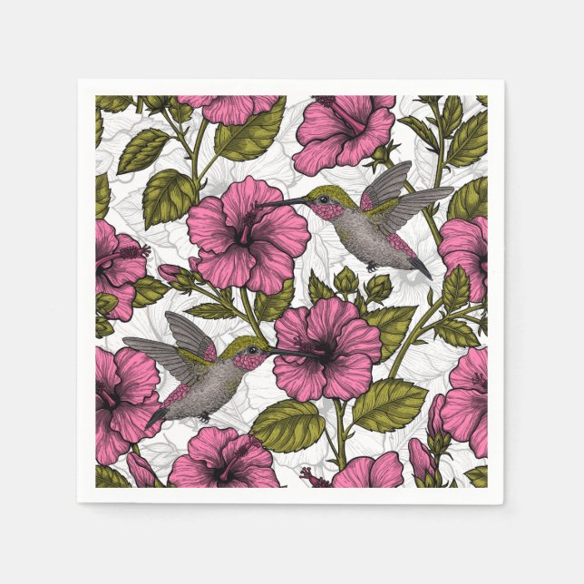 Hummingbirds and pink hibiscus flowers napkin (Front)