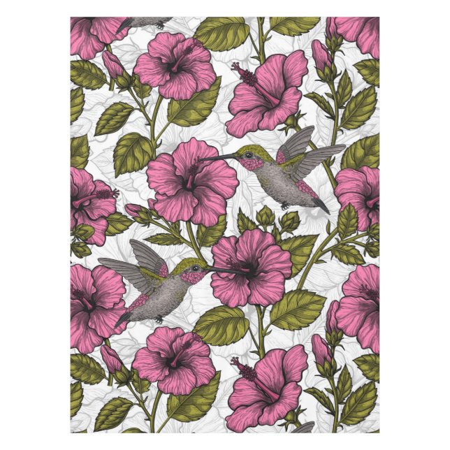Hummingbirds and pink hibiscus flowers tablecloth (Front)