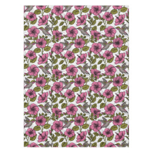 Hummingbirds and pink hibiscus flowers tablecloth
