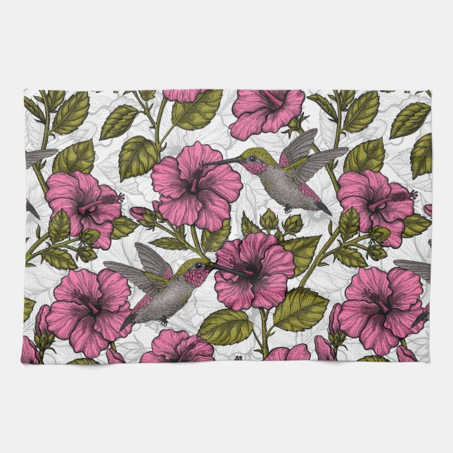 Hummingbirds and pink hibiscus flowers tea towel (Horizontal)