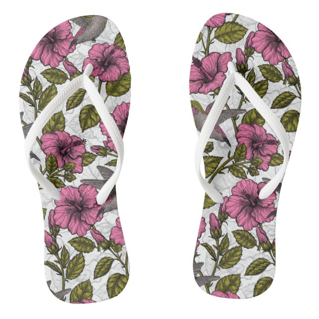 Hummingbirds and pink hibiscus flowers thongs (Footbed)