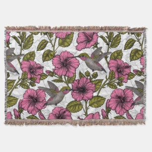 Hummingbirds and pink hibiscus flowers throw blanket