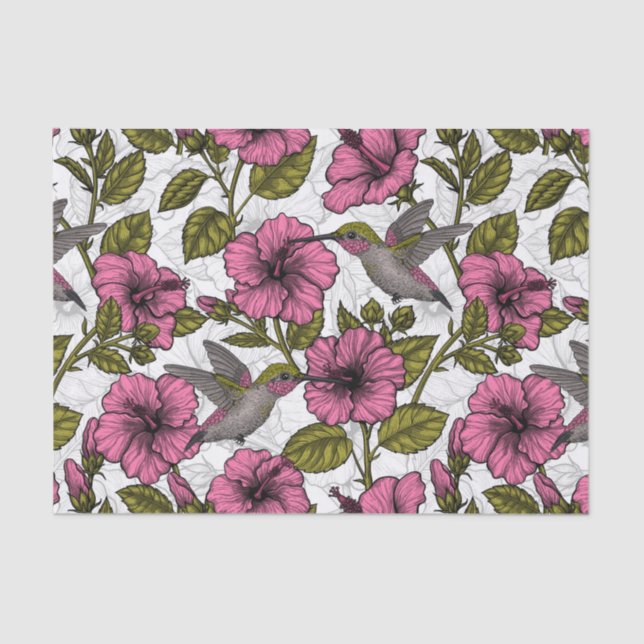 Hummingbirds and pink hibiscus flowers tissue paper (Front)
