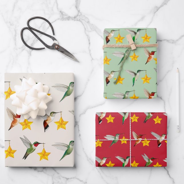 Hummingbirds and Stars Wrapping Paper Sheet (Front)