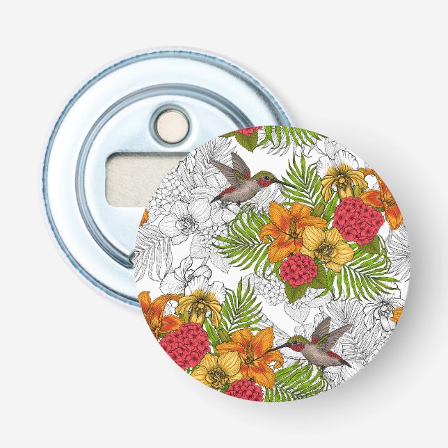 Hummingbirds and tropical bouquet bottle opener (Front)