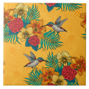 Hummingbirds and tropical bouquet in yellow ceramic tile