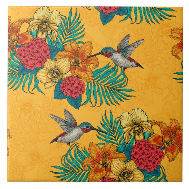 Hummingbirds and tropical bouquet in yellow ceramic tile (Front)
