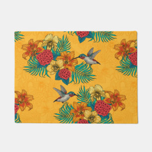 Hummingbirds and tropical bouquet in yellow doormat
