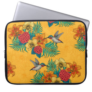 Hummingbirds and tropical bouquet in yellow laptop sleeve