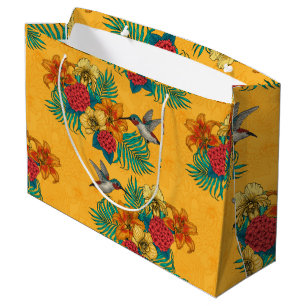 Hummingbirds and tropical bouquet in yellow large gift bag