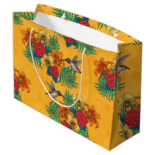 Hummingbirds and tropical bouquet in yellow large gift bag (Back Angled)