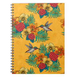 Hummingbirds and tropical bouquet in yellow notebook